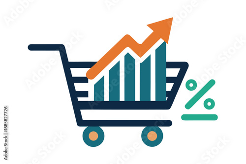 Shopping cart with increasing graph representing market growth and sales trends over time