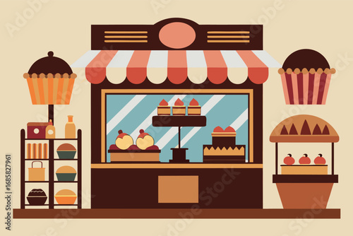 Colorful dessert shop display featuring cakes and pastries on a sunny day