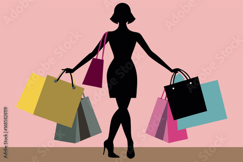 Shopping spree featuring a fashionable silhouette with colorful bags in a stylish setting