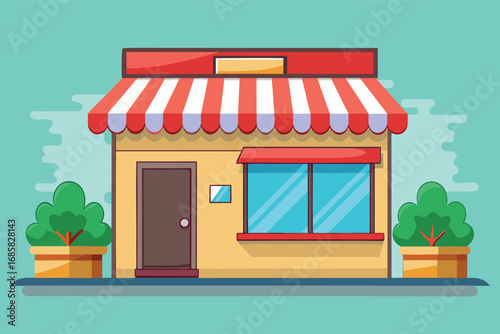 Colorful storefront with striped awning and potted plants on a clear day
