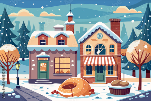 Charming winter village scene with snowy houses and festive decorations in a serene landscape