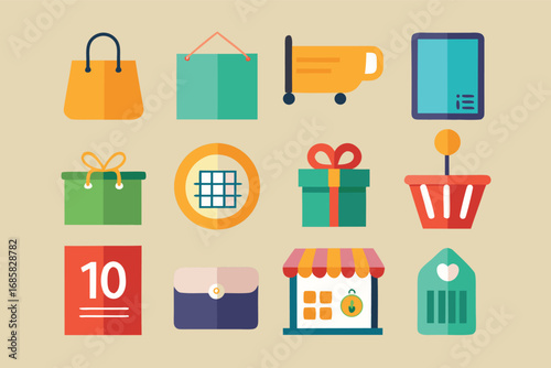 Colorful collection of shopping icons featuring bags, gifts, and a storefront design