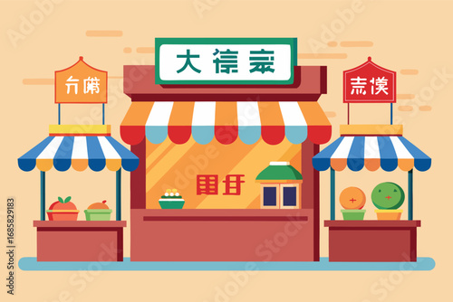 Vibrant market stalls display fresh produce and street food in a bustling outdoor setting
