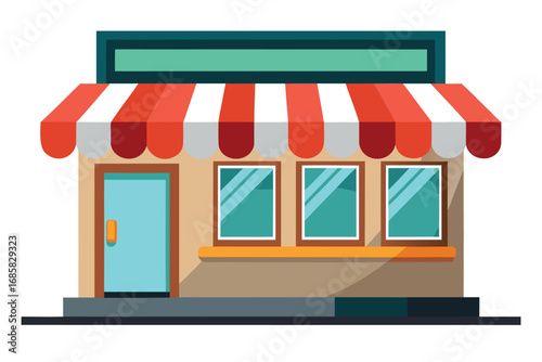 Small shop with red and white awning on sunny day in urban setting