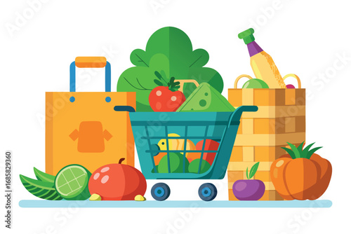 Colorful grocery cart filled with fresh produce and grocery bags in a vibrant setting