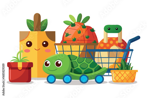 Colorful shopping cart with cute turtle and fruits in a vibrant, cartoon style environment