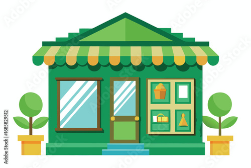 Colorful small business storefront with green exterior and awning designed for a pleasant appearance