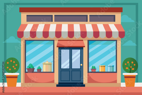 Charming storefront with striped awning and potted plants on a sunny day