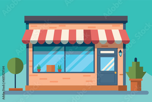 Colorful storefront with striped awning and plants in bright urban setting during daytime