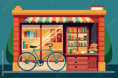 Bicycle parked outside a colorful bookstore on a sunny day in a vibrant neighborhood