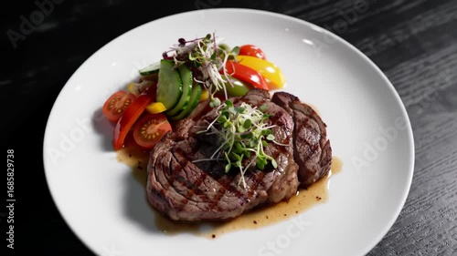 Grilled steak with fresh vegetable salad on a white plate