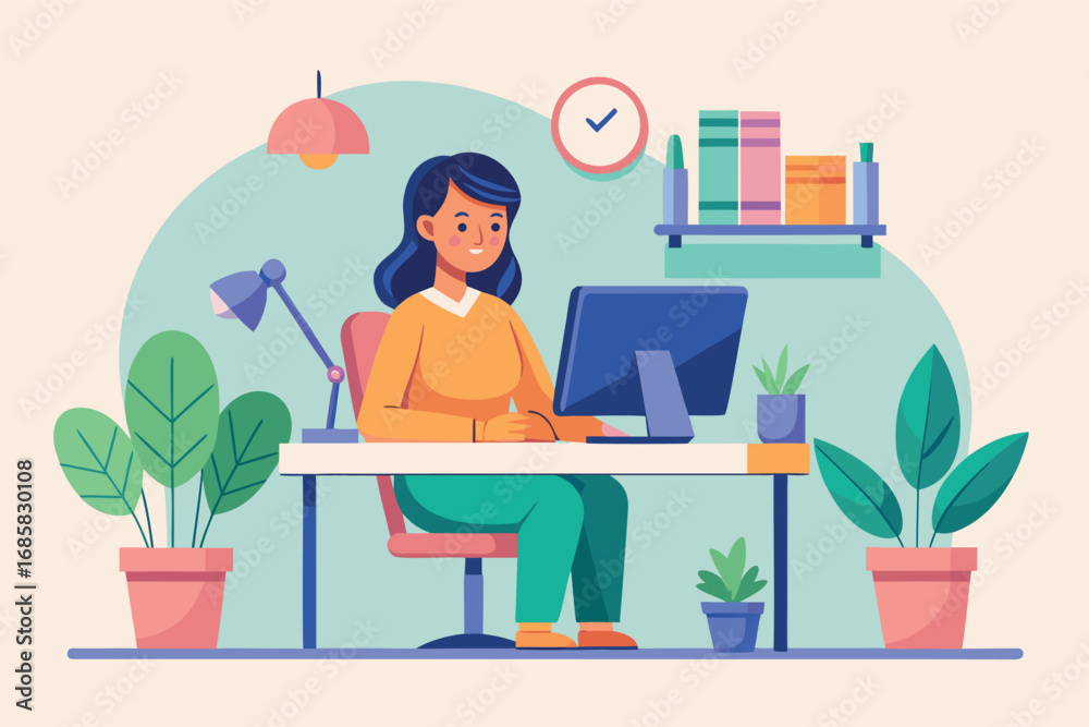 Fototapeta premium Young woman working at a desk in a cozy home office with plants and shelves