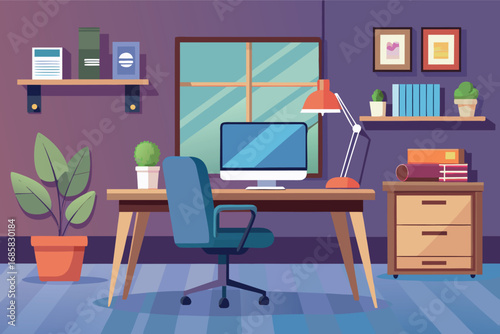 Modern home office setup featuring a desk, computer, and decorative elements