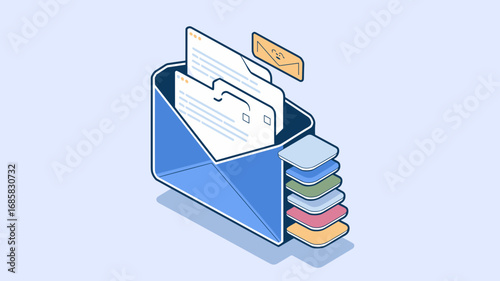 Isometric vector email inbox icon with multiple unread messages and tabs