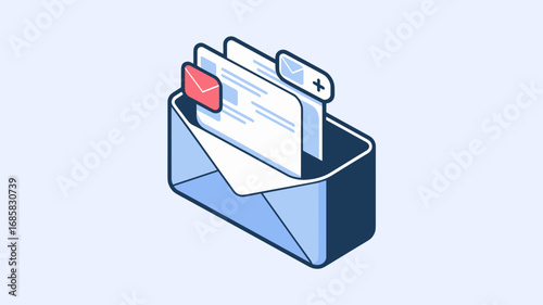 Isometric vector email inbox icon with unread messages and new email tab