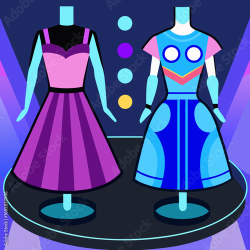 Two stylized mannequins displaying colorful dresses on a modern stage