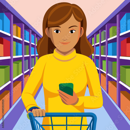 Woman with smartphone pushing shopping cart in brightly colored grocery store aisle