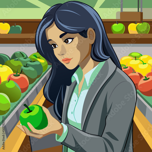 Woman choosing a fresh green apple from a grocery store produce section