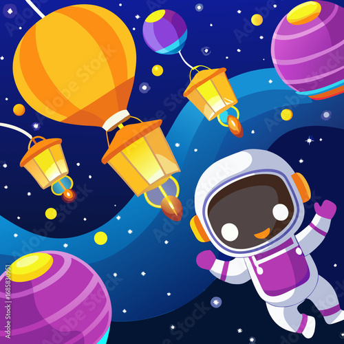 Cute cartoon astronaut floating in space with lanterns and planets