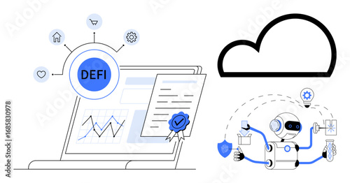 Laptop with decentralized finance metrics, contract approval, robot with tools and cloud icon. Ideal for fintech, blockchain, smart contracts, automation, AI cloud services innovation. Simple flat