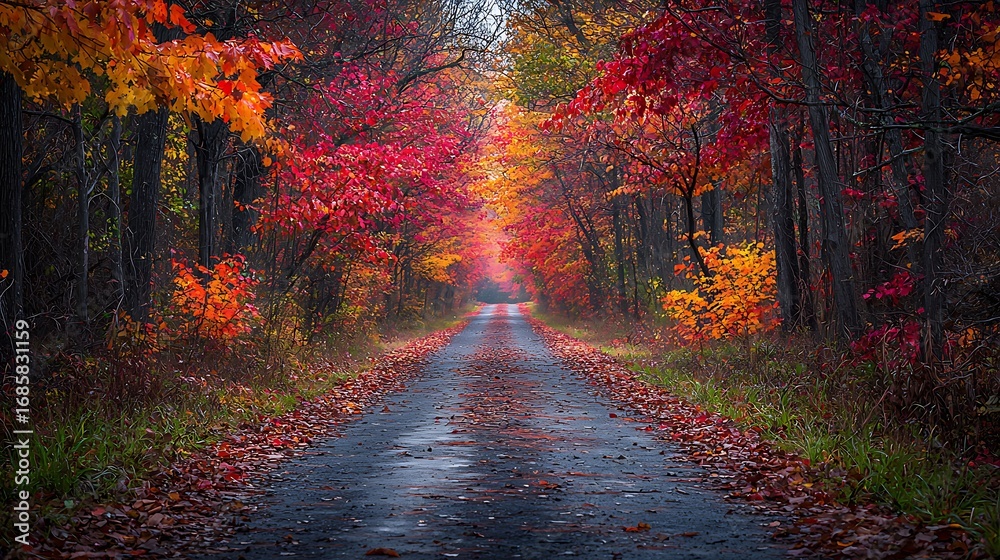 Fototapeta premium A serene forest path lined with vibrant red, orange, and yellow autumn leaves, soft light filtering through the branches.