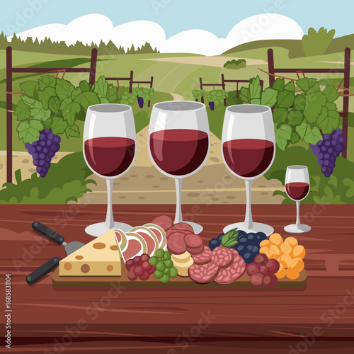 Rustic wine tasting vector with charcuterie board and vineyard