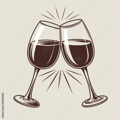 Vintage vector of two wine glasses clinking in celebration on beige background