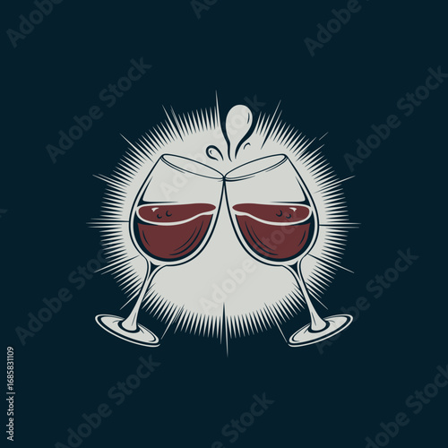 Vintage vector of clinking wine glasses filled with red wine on dark background