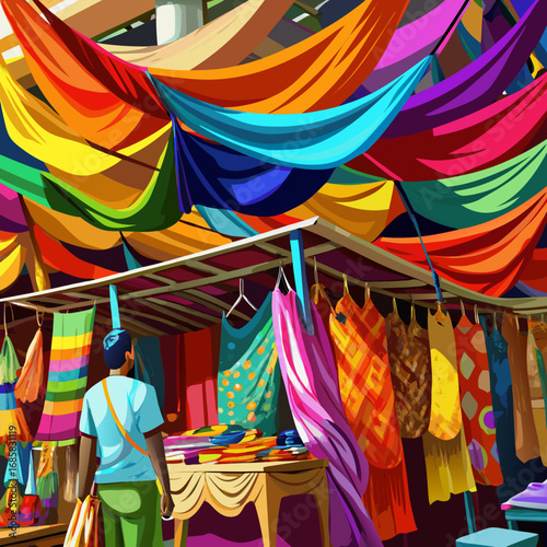 Vibrant open air market stall with colorful fabrics and clothing displays
