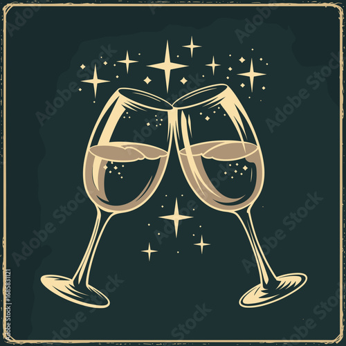Vintage vector of clinking wine glasses in golden celebration on dark blue background