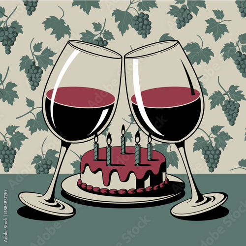 Vintage vector of clinking wine glasses with cake and candles on beige background