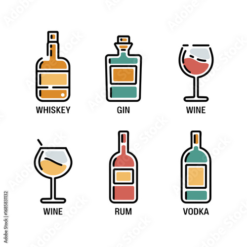 Flat vector icons of whiskey gin wine rum and vodka with signature glasses