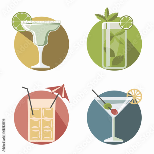 Flat vector illustration of margarita mojito and martini recipe cards with garnish icons on white background