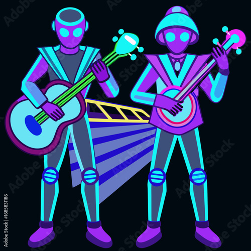 Two futuristic robots playing musical instruments on a stage with neon lights