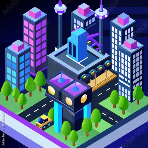 Isometric futuristic city with modern buildings and transportation