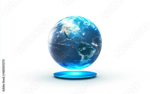 Ultra realistic rendering of a levitating earth sphere with radiant light effect isolated on white background PNG