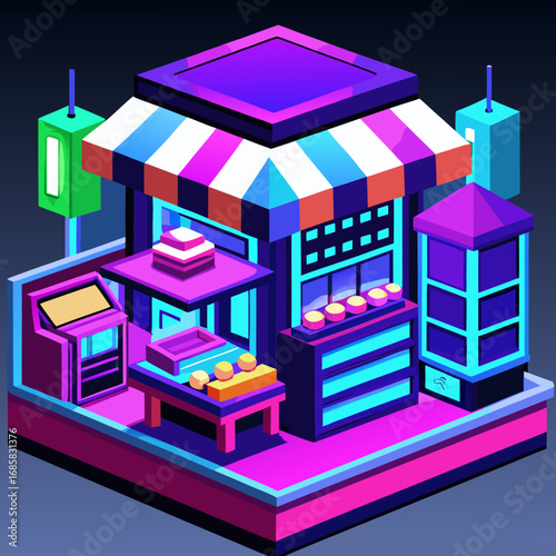Isometric neon glowing convenience store with colorful awning and display