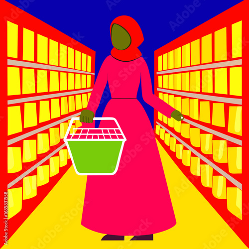 Woman in hijab and pink dress shopping in a brightly colored grocery store aisle