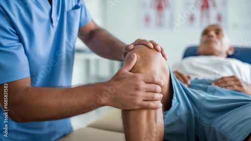 Physical therapist examining patient's knee during examination