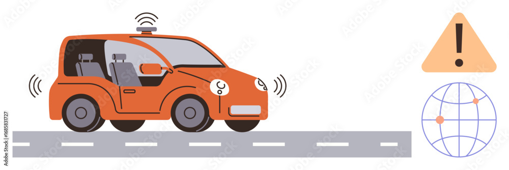 Naklejka premium Orange self-driving car on roadway using sensors, safety alert sign, and global map. Ideal for technology, future mobility, innovation, smart transport, automation safety AI in vehicles. Simple