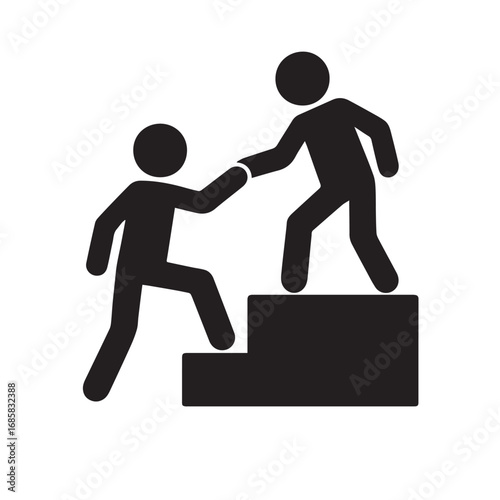 Person helping another to climb up stairs isolated on white background