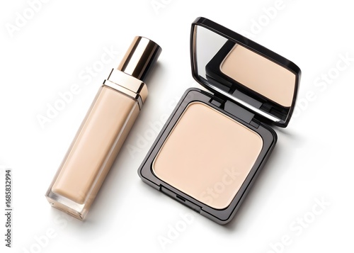 Two cosmetic products foundation and compact powder on a white background