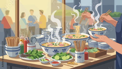 Illustration of a bustling Vietnamese restaurant, serving steaming bowls of pho.