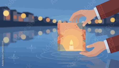Hands gently release a glowing paper lantern onto a calm, reflective body of water at night.