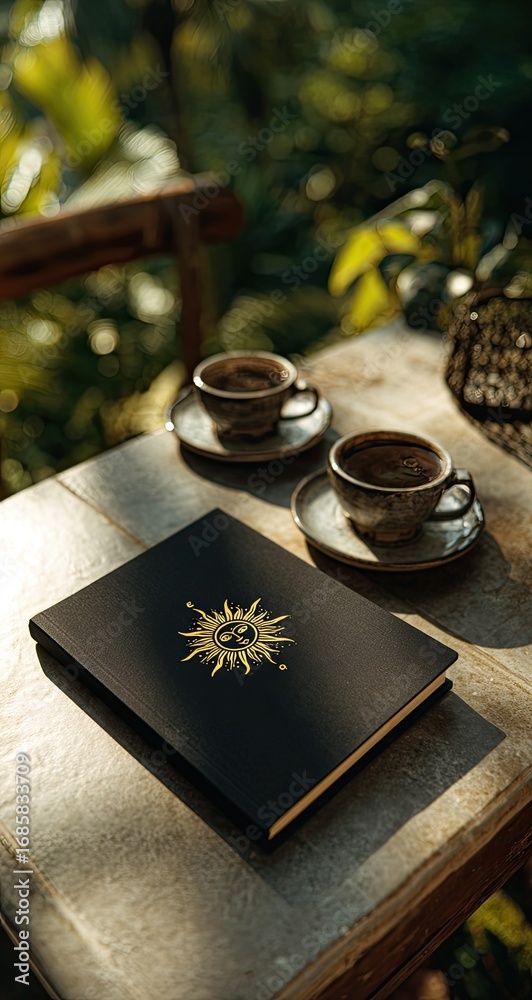 Fototapeta premium A black journal, adorned with a golden sun emblem, sits on a wooden table outdoors, beside two small cups of coffee. Sunlight streams through foliage