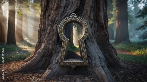 Ornate keyhole in tree bark revealing a magical glowing forest inside