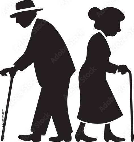 An elderly Couple Walking Together with Canes Symbol of Aging Support and Companionship