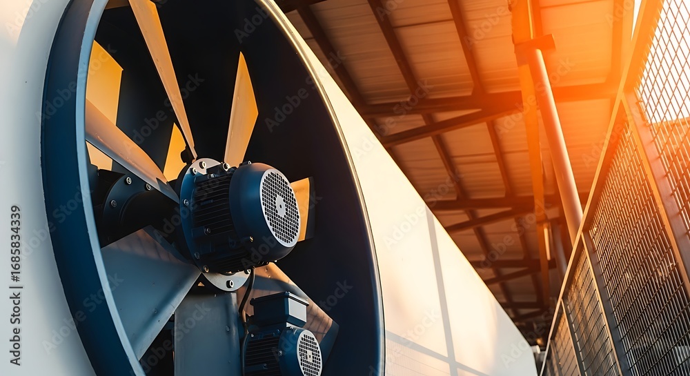 Naklejka premium Closeup of a large industrial fan with sunlight