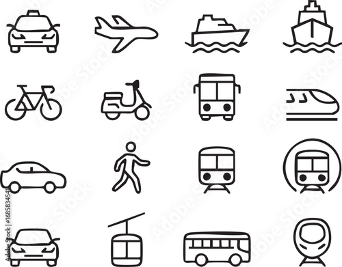 Black and white vector set of 16 transportation icons including vehicles, pedestrian, and astronaut helmet for travel design use