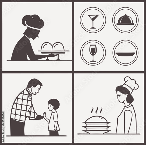 Collection of black and white dinner icons for food service and restaurants